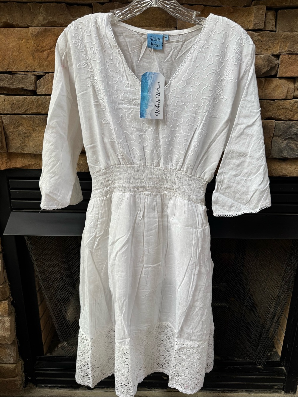 White Waves White Cotton V-Neck Embroidered Smocked Waist Dress